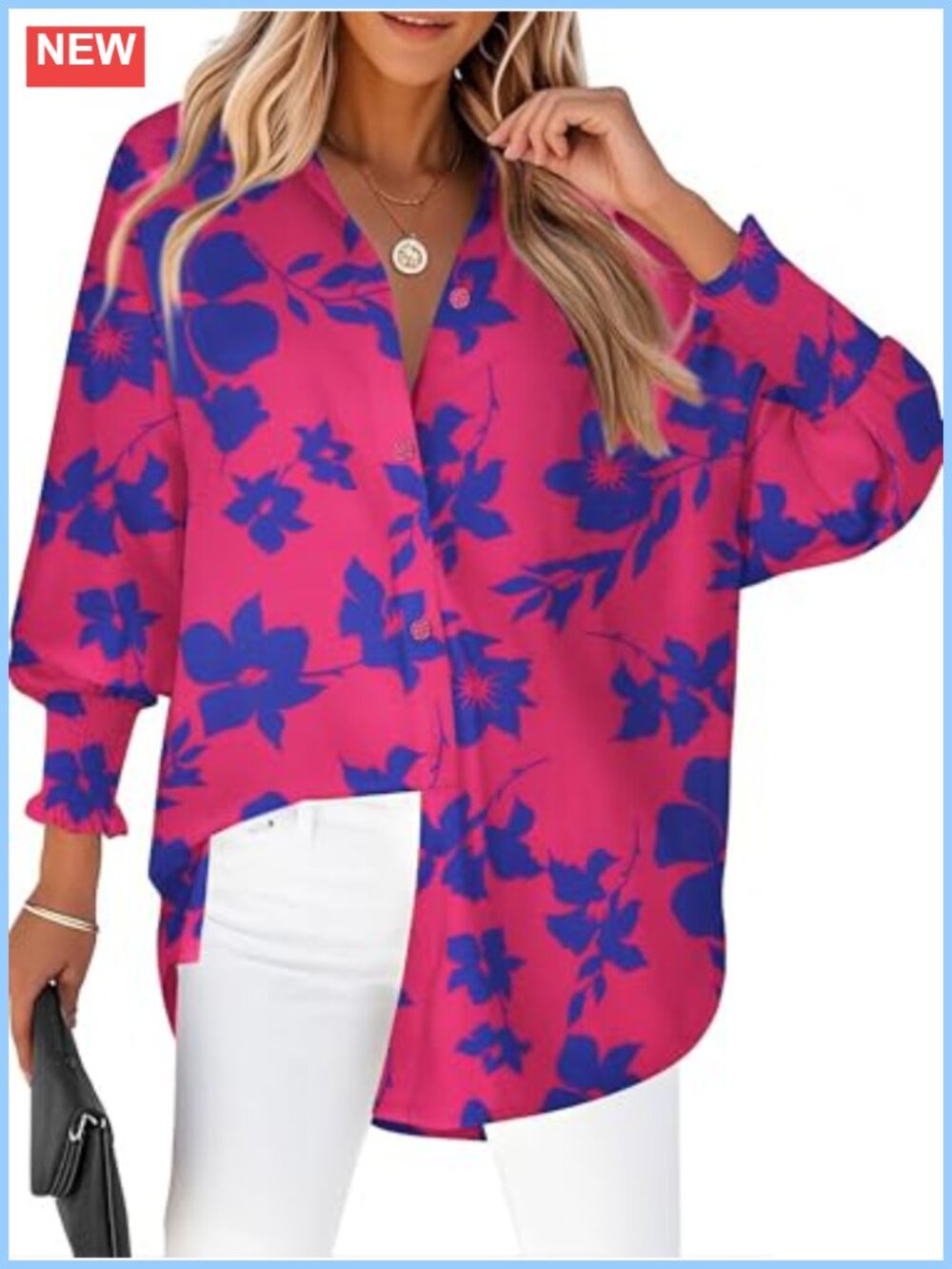 Women's Striped Lantern Long Sleeve Button Down Loose Fit Blouse